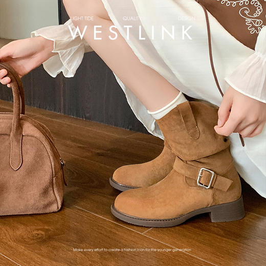 西遇美拉德短靴女新款秋冬百搭复古新疆西部牛仔靴绒面堆堆靴V1957157 商品图3