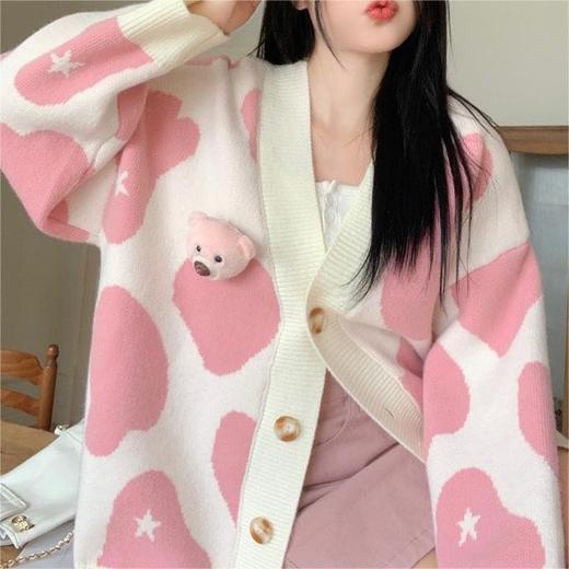 【甜美小熊玩偶外套】韩版软糯慵懒风设计显瘦秋冬小熊宽松拼色针织开衫撞色女毛衣外套。rc 商品图0