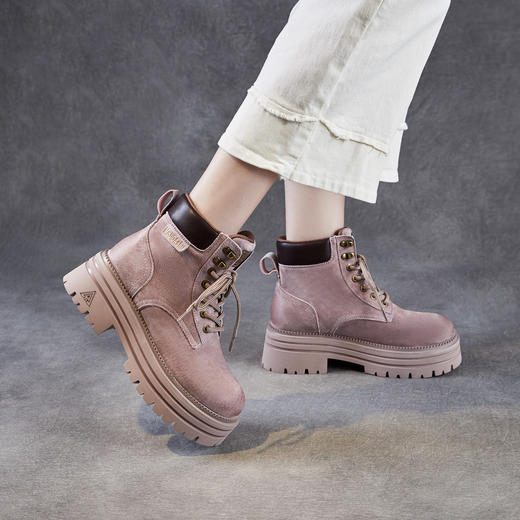 工装马丁靴真皮厚底增高，复古高帮机车系带大黄短靴ZM258668 商品图3