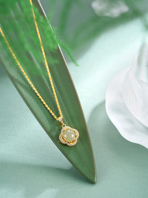 子佩集【四叶明媚】S925银套链【DZ07062】镀金四叶草和田玉项链2510 商品图4