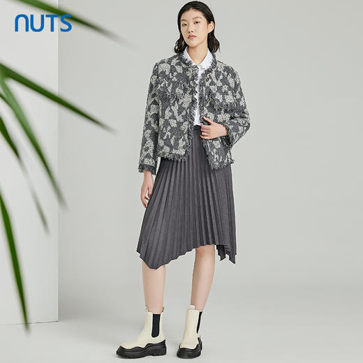NUTS春秋季新款灰色高腰宽松显瘦不规则百褶半身裙女412061373 商品图2