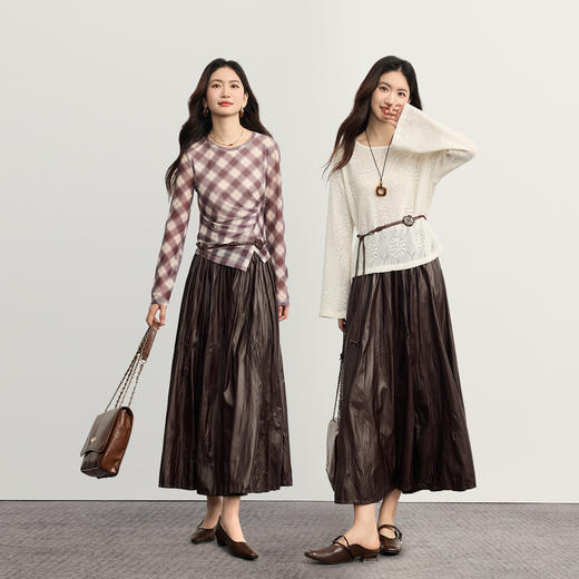 【10/15新品】熙世界琥珀流光风褶皱pu皮裙半身裙女秋季高腰垂感百褶a字伞裙子 商品图2