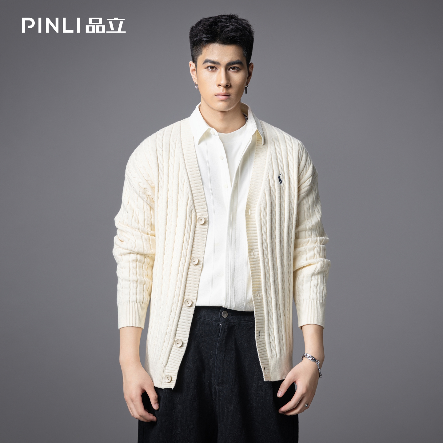 PINLI品立2025秋季新款男士宽松落肩V领开衫提花毛衣针织衫外套潮GD253110127