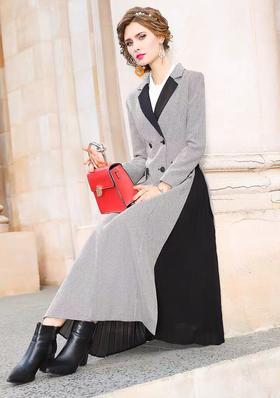 仅一件！【低价清仓】春秋撞色西装领风衣外套女流行双排扣过膝长款大衣ZFYY001