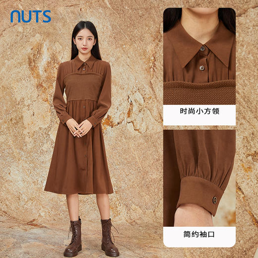 NUTS商场同款秋冬款棕色设计感拼接长袖衬衫连衣裙女341101090A 商品图2