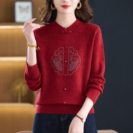 复古盘扣红色针织衫，时尚气质显瘦百搭短款长袖上衣CC-101-83503 商品图2