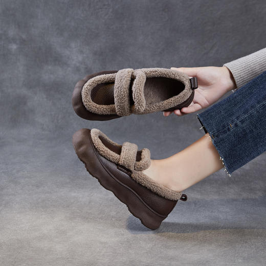 乐福鞋女一脚蹬懒人鞋，真皮复古百搭舒适软底休闲加绒保暖棉鞋ZM258720 商品图1
