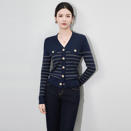 「高货wl」全新升级【铂金会员220/天猫299/差价79】(52529)洛诗琳气质小香风针织衫2025秋冬金线曲珠条纹开衫外套女 商品图1