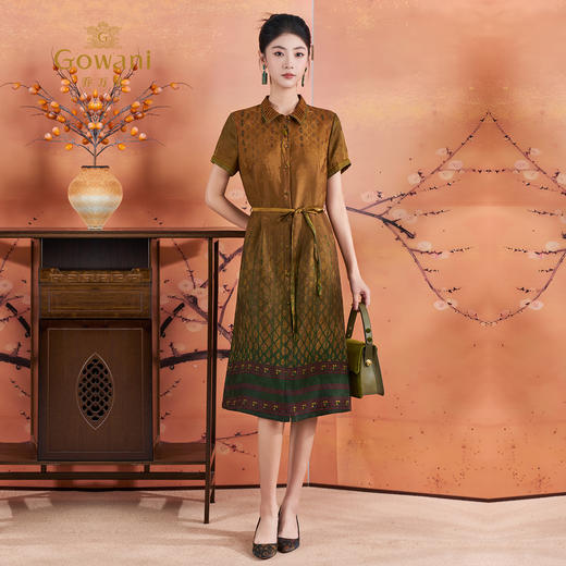 【麦穗渐变花】【香云纱】乔万尼方格100%真丝新中式花萝连衣裙ED2E455 商品图3