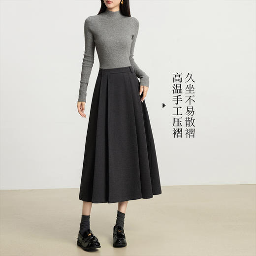 【10/15新品】熙世界高温压褶毛呢西装半身裙女2025秋冬新款高腰百褶a字长裙子 商品图2