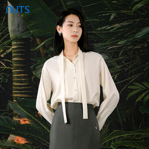 NUTS春秋季新款法式通勤气质飘带宽松显瘦长袖衬衫女413011398 商品图0
