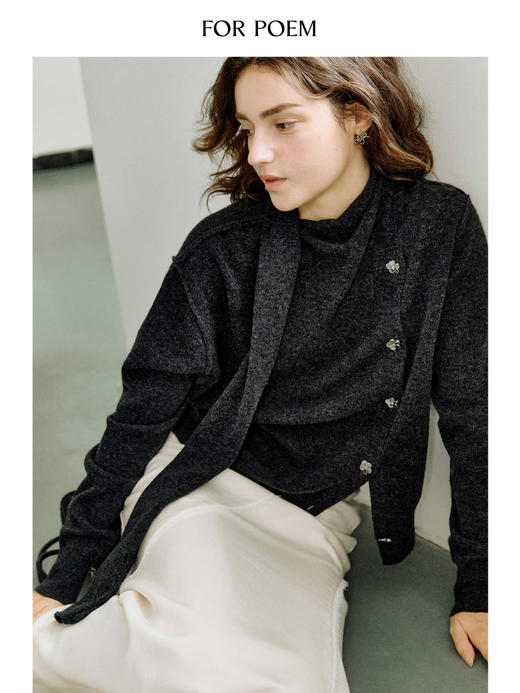 ForPoem 现货 25/FW原创设计围巾一体花朵扣气质羊毛针织开衫 商品图4
