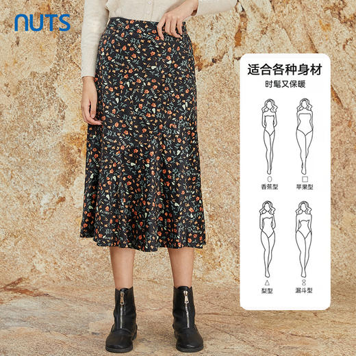 NUTS商场同款秋冬复古气质高腰松紧百搭碎花长款半身裙女348062306 商品图2