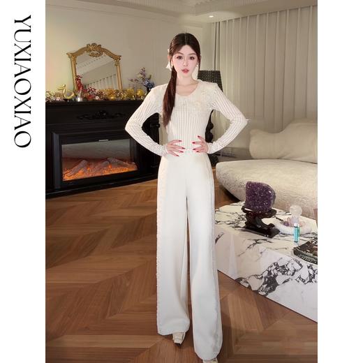 余潇潇【星光筑梦】时尚百搭山海绒混纺拼接蕾丝花边显瘦直筒休闲裤 商品图0