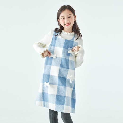棵初25年冬季新款亲子中大女童蓝白格纹连衣裙无袖立体蝴蝶结裙子 商品图4