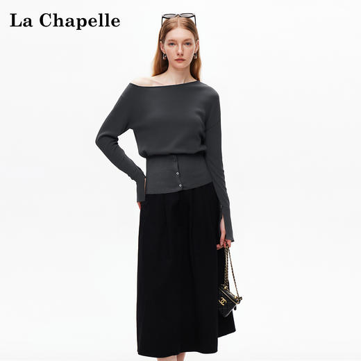 会员福利【性感斜肩+绵羊毛】拉夏贝尔/La Chapelle不规则设计感斜肩开衩气质长袖针织衫超高性价比 商品图4
