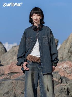 早乙女惠子saotome/STMCS252280/撞色皮领牛仔衬衫