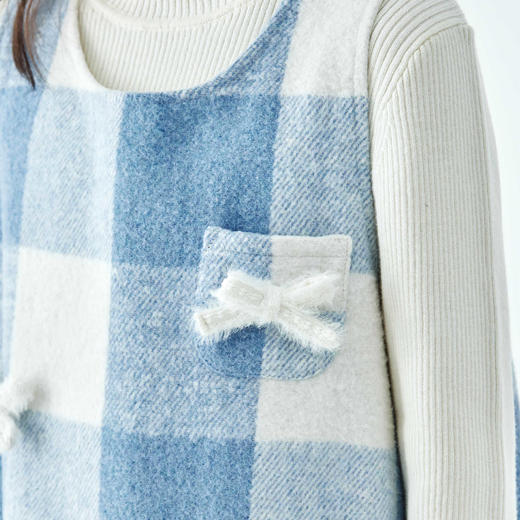 棵初25年冬季新款亲子中大女童蓝白格纹连衣裙无袖立体蝴蝶结裙子 商品图2