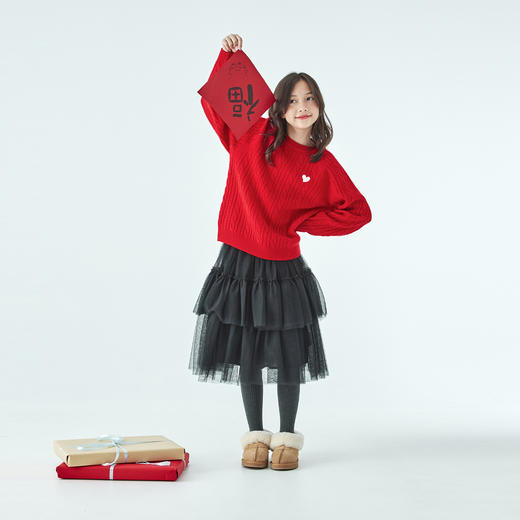 红色预售1.3发 棵初25年冬季新款亲子中大女童爱心绞花毛衣纯绵羊毛轻盈保暖上衣 商品图1