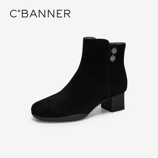 千百度加绒粗高跟羊皮靴女增高时装靴保暖显瘦短靴子A25510811 商品图1