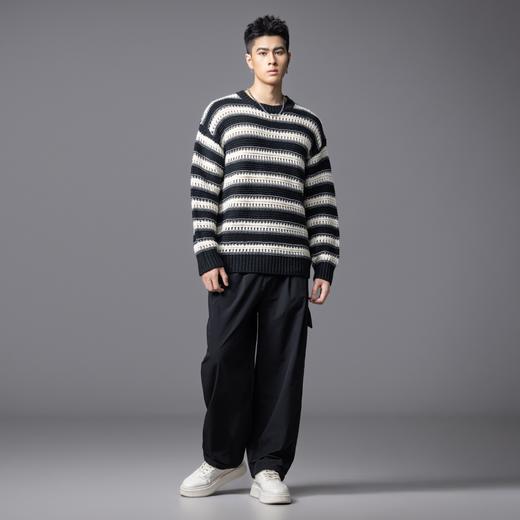 PINLI品立2025秋季新款男士宽松圆领条纹提花套头打底毛衣针织衫GD253110134 商品图1
