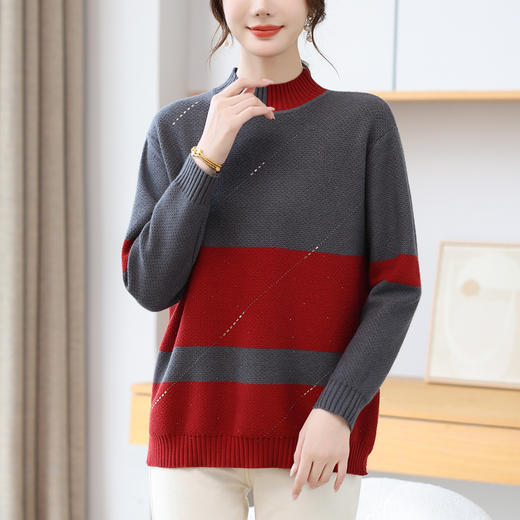 CC 28-1582半高领条纹针织衫撞色宽松显瘦毛衣 商品图1