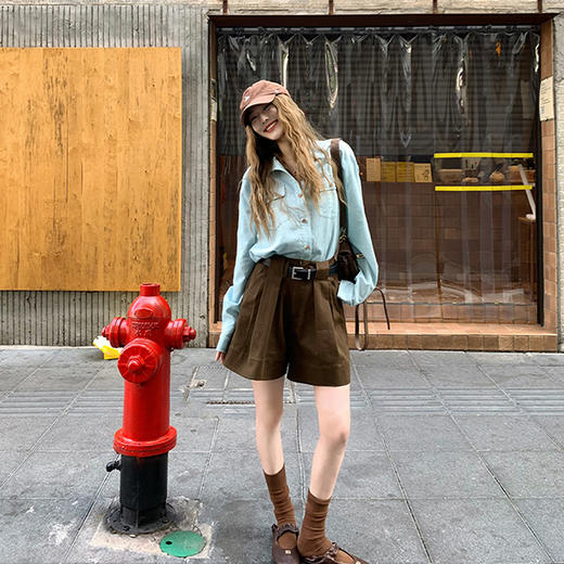 西遇老钱风亚麻衬衫套装女秋季新款通勤高腰宽松短裤两件套SS051331/SS051332 商品图1