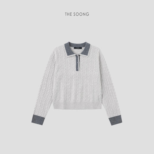 THESOONG"惬意松弛"纯羊毛绞花针织细腻糯感撞色翻领毛衣HWMY7201 商品图1
