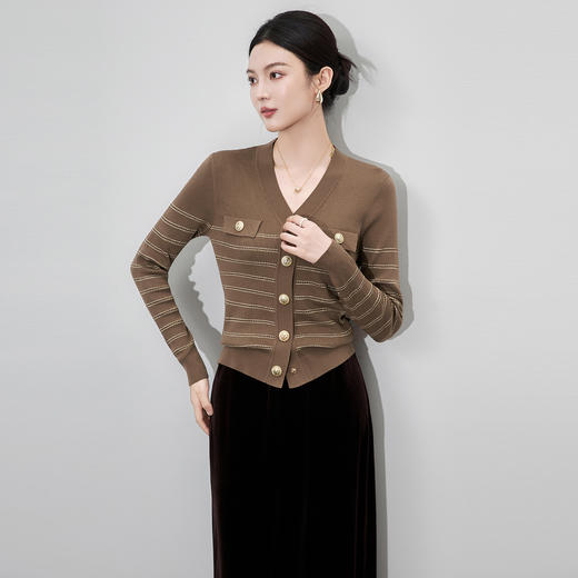 「高货wl」全新升级【铂金会员220/天猫299/差价79】(52529)洛诗琳气质小香风针织衫2025秋冬金线曲珠条纹开衫外套女 商品图2