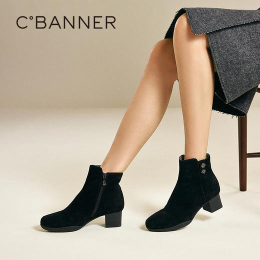 千百度加绒粗高跟羊皮靴女增高时装靴保暖显瘦短靴子A25510811 商品图4