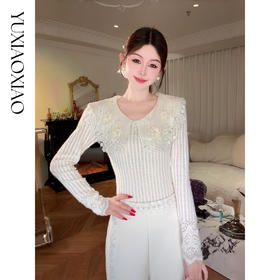 余潇潇【浮雕花境】肌理感高弹力重工手工镂空绣花花边领打底上衣