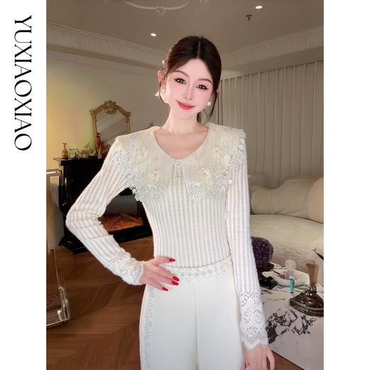 余潇潇【浮雕花境】肌理感高弹力重工手工镂空绣花花边领打底上衣 商品图0