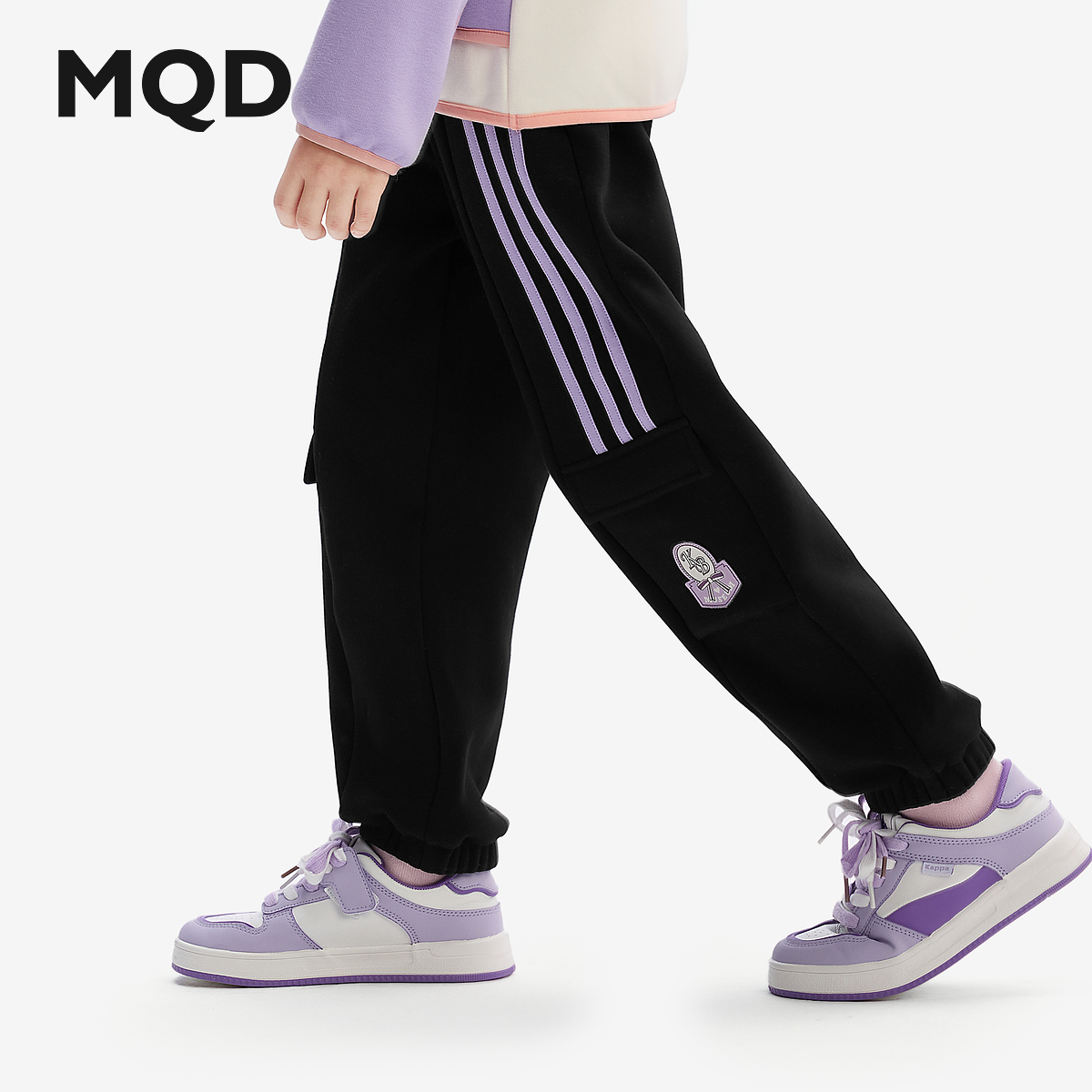 【MQD】童装女童加绒保暖运动裤冬装新款儿童加厚条杠运动长裤
