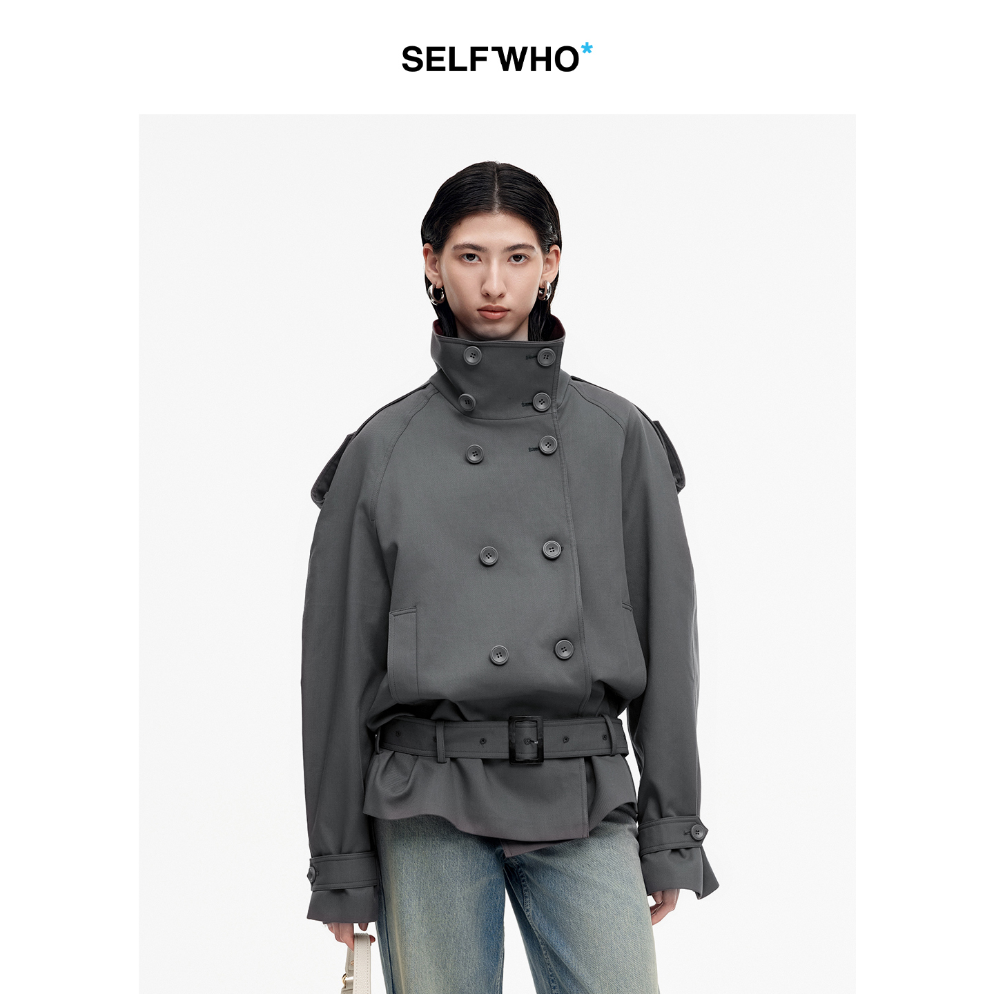 SELFWHO棉混纺灰色双排扣风衣外套女2025秋新款配腰带高立领上衣