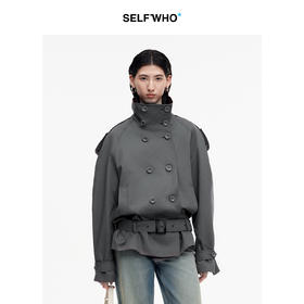 SELFWHO棉混纺灰色双排扣风衣外套女2025秋新款配腰带高立领上衣