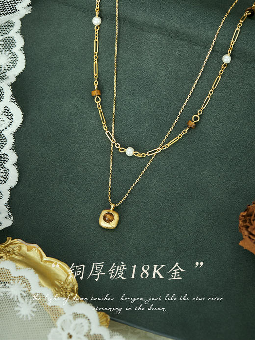 Oflye潮流饰品  新款美拉德虎眼石双层叠戴珍珠项链轻奢小众高级感气质百搭项链★ 商品图1