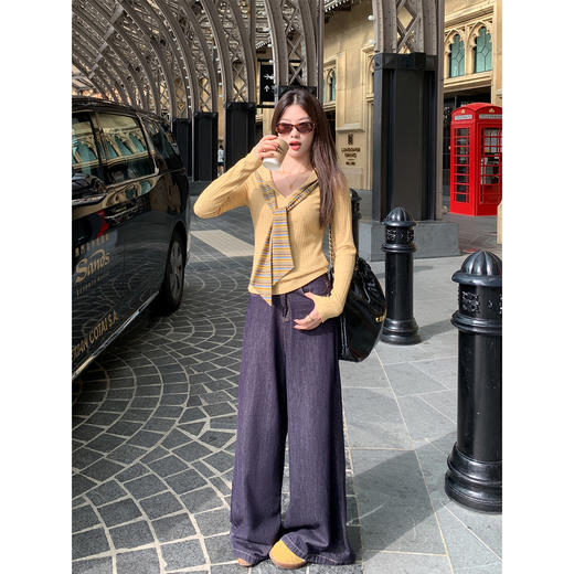 <曾小咸推荐> 韩系黄色条纹披肩长袖t恤女早秋季薄款修身内搭打底衫上衣 商品图4