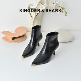 经典鲨2025年专柜新款优雅尖头后拉链加绒高细跟气质短靴女KW127-558081