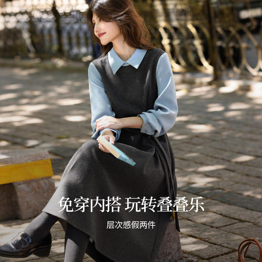 【10/15新品】熙世界「格雷腔调」假两件毛呢连衣裙女秋冬新款衬衫翻领收腰裙子 商品图1