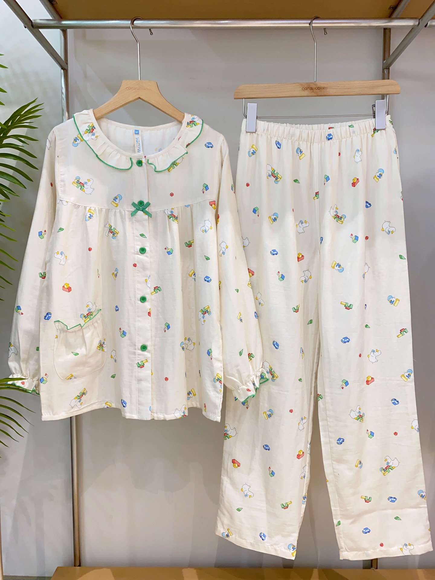 松植屋亲子女款花边领纯棉纱布长袖睡衣套装女款双层纱家居服