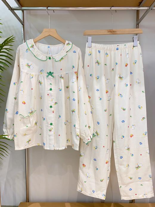 松植屋亲子女款花边领纯棉纱布长袖睡衣套装女款双层纱家居服 商品图0