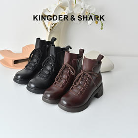 经典鲨2025冬季专柜新款牛皮革加绒加厚保暖中粗跟短筒靴女KW333-558101