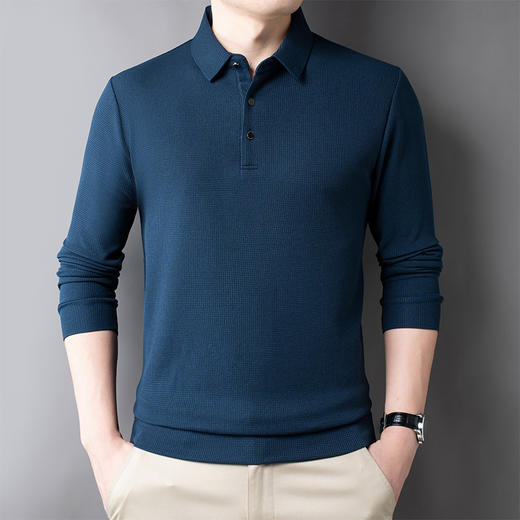 男士长袖t恤秋季新款纯色翻领华夫格POLO衫中青年休闲体恤 商品图0