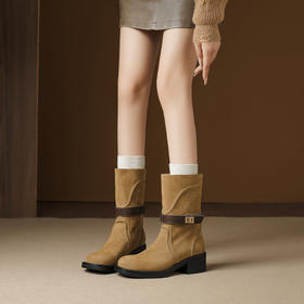 OLD 8622法式皮带扣粗跟短靴复古绒面一脚蹬马丁靴大码显瘦骑士靴