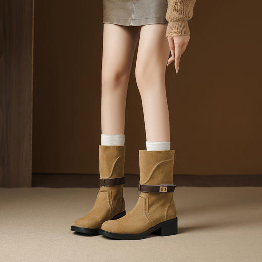 OLD 8622法式皮带扣粗跟短靴复古绒面一脚蹬马丁靴大码显瘦骑士靴 商品图0