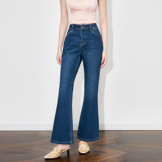 「高货wl」全新升级【铂金会员247/天猫329/差价82】(01446)洛诗琳2025秋季气质四面弹磨白牛仔棉复古通勤高腰喇叭裤 商品图0