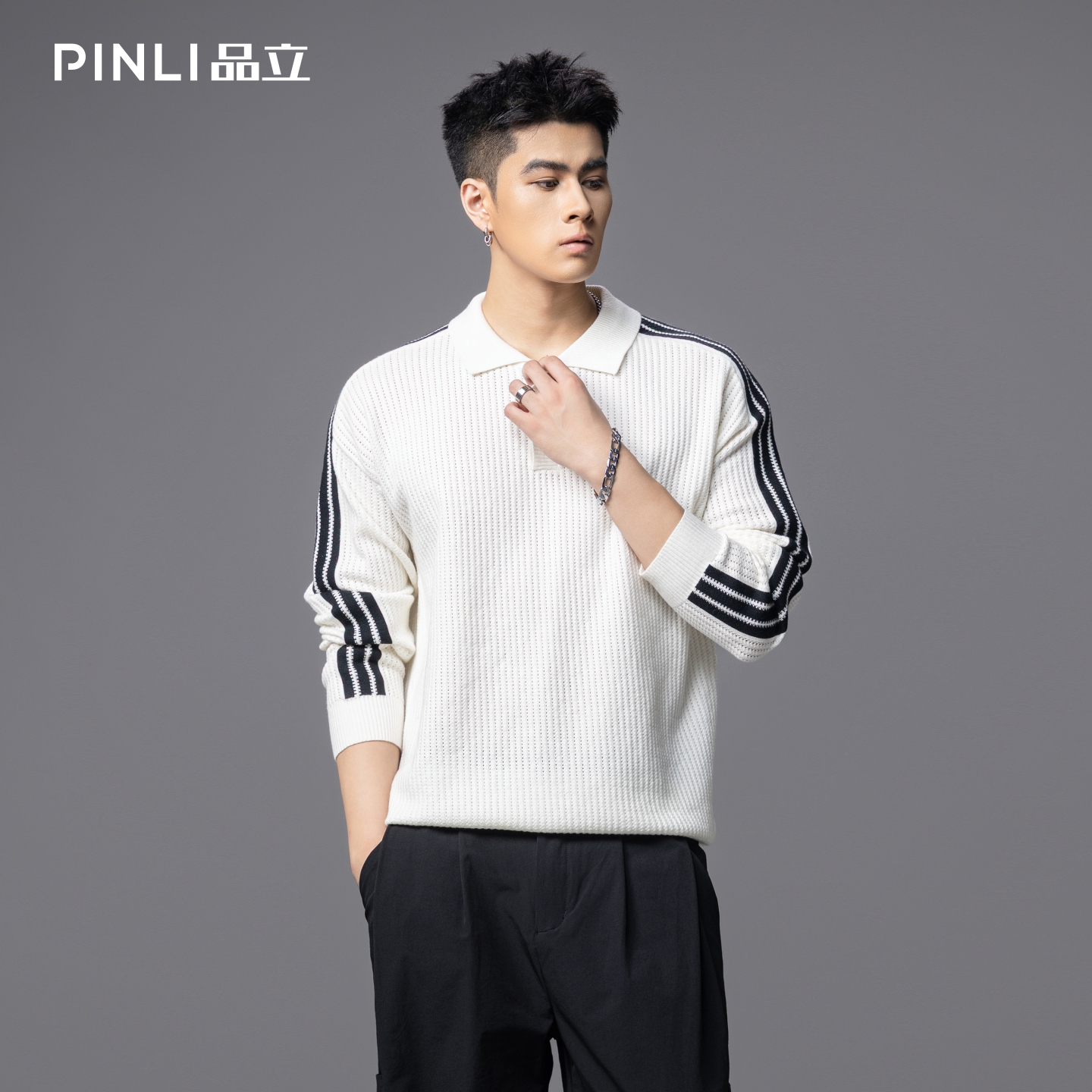 PINLI品立2025秋季新款POLO领宽松毛衣男潮牌休闲翻领条纹针织衫GD253110133