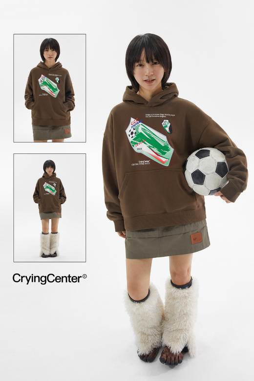CryingCenter 故障足球徽章连帽卫衣趣味棕色加绒宽松 哭喊中心 商品图1