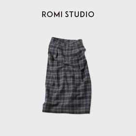 ROMI STUDIO“重塑经典”羊毛松紧腰叠褶休闲格纹半身裙RWCAXJ4718