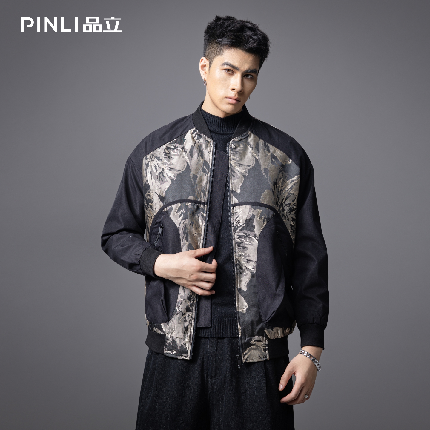 PINLI品立春季新品复古提花棒球领夹克男士潮牌宽松休闲外套B233104070